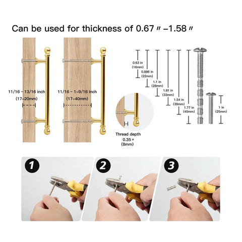 10 Pack Polished Brass Cabinet Pulls 5 Inch Hole Center 128mm Solid Zinc Alloy Handles installation diagram with screw dimensions.