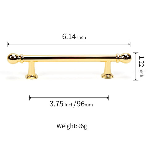 10 Pack Polished Brass Kitchen Drawer Pulls 3-3/4 Inch Center To Center Solid Zinc Alloy Cabinet Handles front view with dimensions