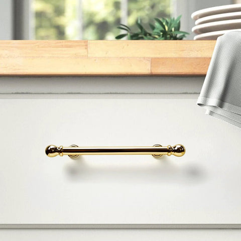 10 Pack Polished Brass Kitchen Drawer Pulls 3-3/4 Inch Center To Center Solid Zinc Alloy Cabinet Handles installed on drawer