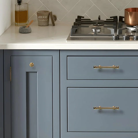 Modern kitchen with 10 Pack Polished Brass Kitchen Cabinet Pulls 3 Inch Hole Center Solid Zinc Alloy Handles on blue drawers