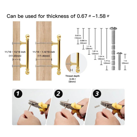 Installation guide with 10 Pack Polished Brass Kitchen Cabinet Pulls 3 Inch Hole Center Solid Zinc Alloy Handles for thickness 17-20mm.