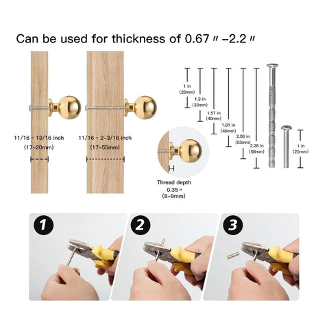 Installation guide for Modern 5 Pack Round Polished Brass Kitchen Drawer Knobs with screws for various panel thicknesses.