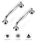 Two 3-3/4 inch polished chrome cabinet handles with solid zinc alloy, shown with scratch resistance, anti-fingerprint, and oleophobic coating icons.