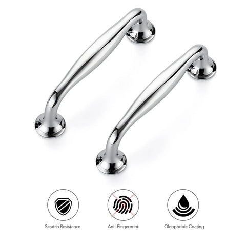 Two 3-3/4 inch polished chrome cabinet handles with solid zinc alloy, shown with scratch resistance, anti-fingerprint, and oleophobic coating icons.