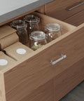 Open drawer showing 20 Pack 3 Inch Hole Center Solid Kitchen Cabinet Handles in Polished Chrome, installed on wood drawer front.