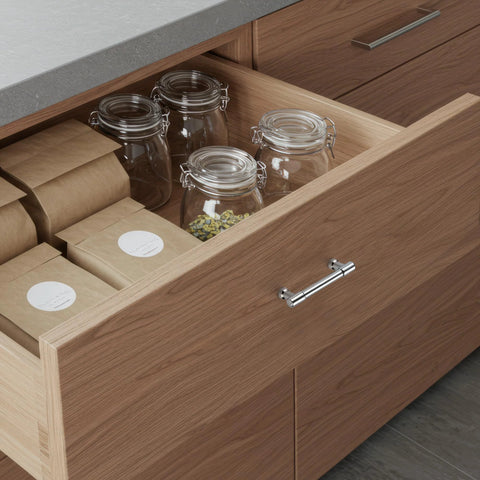 Open drawer showing 20 Pack 3 Inch Hole Center Solid Kitchen Cabinet Handles in Polished Chrome, installed on wood drawer front.