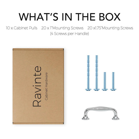 Box contents of 3 Inch Polished Chrome Cabinet Handles Solid Zinc Alloy Pulls For Cupboards And Drawers 10 Pack Modern Kitchen Hardware