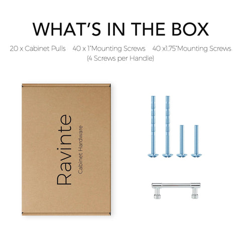 Box contents for 20 Pack 3 Inch Hole Center Solid Kitchen Cabinet Handles In Polished Chrome Dresser Pulls and screws.