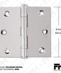 Polished nickel 3.5x3.5 inch brass ball bearing door hinge with flat tip; solid brass heavy duty architectural mortise hinge, front view.