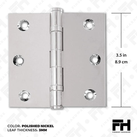 Polished nickel 3.5x3.5 inch brass ball bearing door hinge with flat tip; solid brass heavy duty architectural mortise hinge, front view.