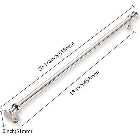 18 Inch Hole Center Cabinet Pulls, Polished Nickel, Solid Zinc Alloy Construction, Heavy Duty Kitchen Hardware, 1 Pack, dimensions shown