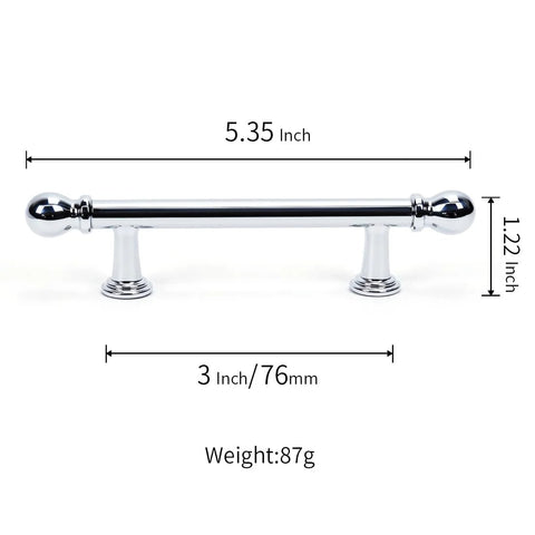 10 Pack Polished Nickel Cabinet Pulls 3 Inch Hole Center 76mm Solid Zinc Alloy Drawer Handle with Dimensions Shown