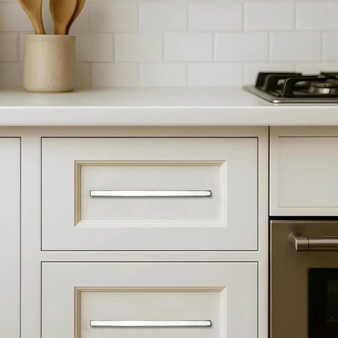 Kitchen cabinet with polished nickel square drawer handle, part of 10 Pack Five Inch Center To Center Polished Nickel Square Cabinet Pulls.