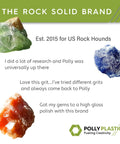 Three polished rocks with testimonials praising Polly Plastics rock tumbling grit and polish. Logo of Polly Plastics at bottom right.