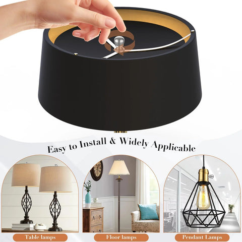Two Pack Ball Lamp Finial Caps With 1/4-27 Inch Thread securing a black lampshade on table and floor lamps in polished silver.