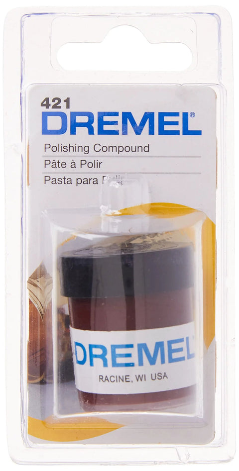 Dremel Polishing Compound 421 for Metals and Plastics in packaging, ideal for blemish removal and shine restoration with rotary tools.