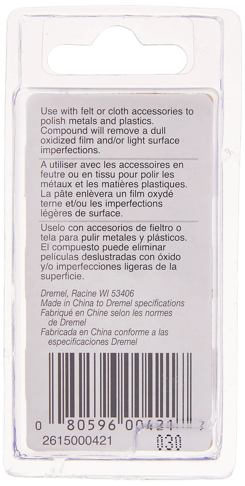 Back view of packaging for Polishing Compound 421 for metals and plastics, showing usage instructions and barcode.