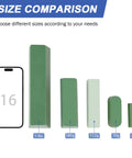 Size comparison of green buffing compound bars with weights ranging from 35g to 1lb alongside a smartphone.