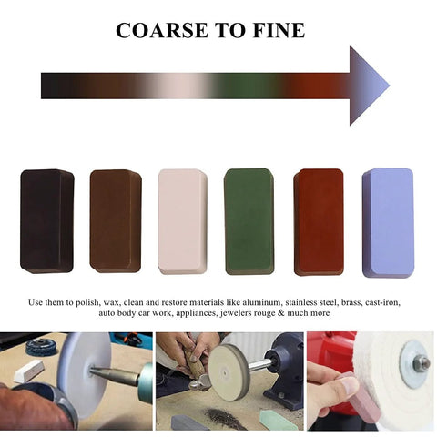 Metal Polishing Buffing Compound Set With Six 1 Oz Bars In Black Brown White Green Red Blue A Complete Progressive Abrasive Kit For Polishing Aluminum Stainless Steel Jewelry From Coarse To Fine Brings Superior Shine And Smooth Finishes