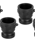 Poly Cam Latch Fittings 4 Pack Type A Standard Couplings Plastic Quick Disconnect Adapters 2 Inch Male To 2 Inch Female Thread Durable Polypropylene Construction Suitable For Fluid Transfer Industrial And Agricultural Use, set of four black connectors.