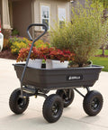 Poly Garden Dump Cart with 4 Cu Ft Tub 600 LB Haul Capacity Heavy Duty Utility Wagon with plants in a driveway