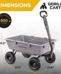 Heavy Duty Poly Dump Cart with 5 Cu Ft Tub 800 LB Haul Capacity Towable Utility Wagon, side view dimensions with pneumatic tires.