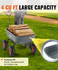 4 Cu Ft Poly Garden Cart Dump Wagon with 600 lb Capacity, loaded with logs, shown on grass highlighting large capacity and steel frame.