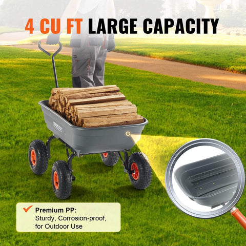 4 Cu Ft Poly Garden Cart Dump Wagon with 600 lb Capacity, loaded with logs, shown on grass highlighting large capacity and steel frame.