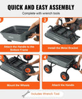 4 Cu Ft Poly Garden Cart Dump Wagon assembly instructions with handle attachment, bracket installation, wheel mounting, and handle fitting.
