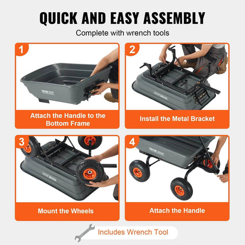 4 Cu Ft Poly Garden Cart Dump Wagon assembly instructions with handle attachment, bracket installation, wheel mounting, and handle fitting.