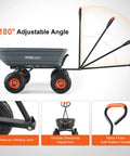 4 Cu Ft Poly Garden Cart Dump Wagon with 600 lb Capacity, showing adjustable handle and all-terrain wheels, steel frame, quick release system