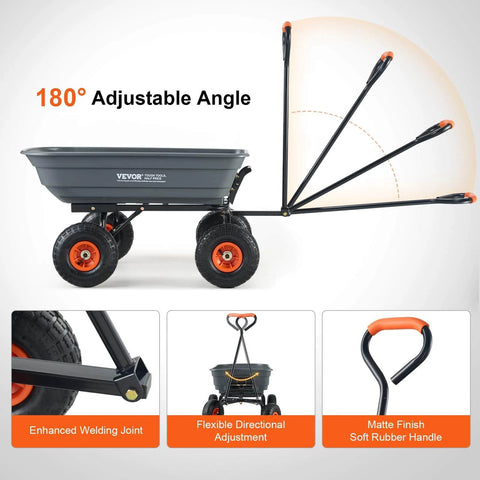 4 Cu Ft Poly Garden Cart Dump Wagon with 600 lb Capacity, showing adjustable handle and all-terrain wheels, steel frame, quick release system