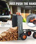 800 lb Poly Dump Garden Cart unloading firewood with quick release system near a car in the driveway
