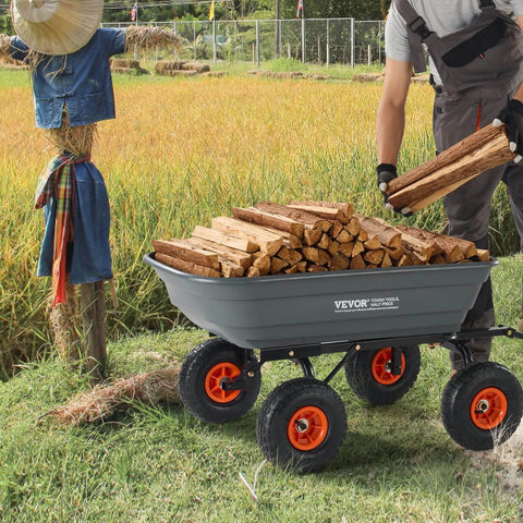 Person loading firewood into 4 Cu Ft Poly Garden Cart Dump Wagon with 600 lb Capacity Heavy Duty 4 Wheel Yard Cart outdoors