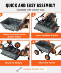 Assembly guide for 1500 lb Poly Garden Dump Cart Wagon with 2 in 1 Convertible Handle showing steps to install handle, bracket, and wheels
