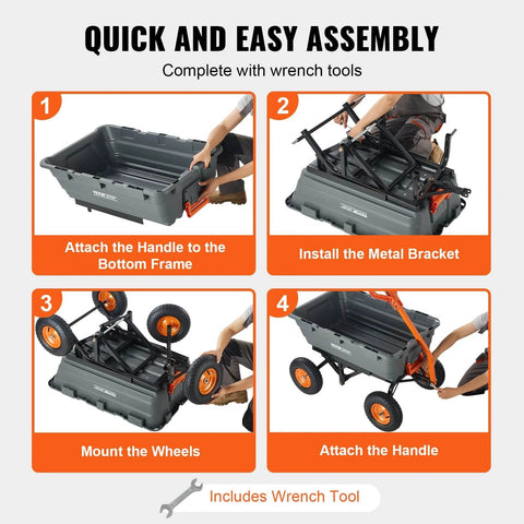 Assembly guide for 1500 lb Poly Garden Dump Cart Wagon with 2 in 1 Convertible Handle showing steps to install handle, bracket, and wheels