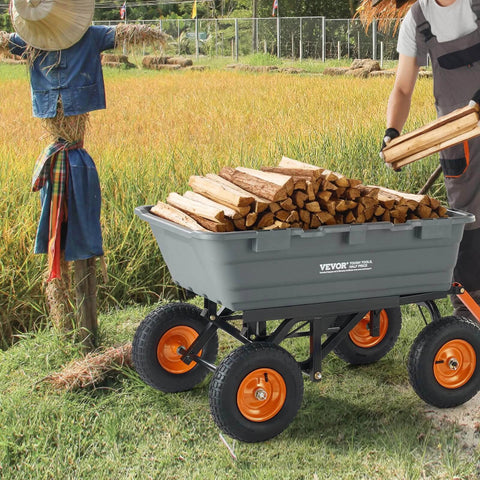 1500 lb Poly Garden Dump Cart Wagon with 2 in 1 Convertible Handle loaded with wood, shown in a field with 13 inch all terrain wheels