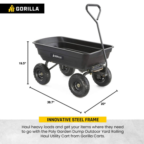 Poly Garden Dump Cart with 4 Cu Ft Tub 600 LB Haul Capacity Heavy Duty Utility Wagon with Quick Release Dumping and Pneumatic Tires shown