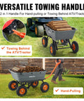 1500 lb Poly Garden Dump Cart Wagon with 2 in 1 Convertible Handle towing logs with ATV and hand-pulling in yard