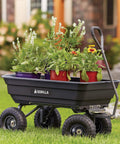 Poly Garden Dump Cart with 4 Cu Ft Tub 600 LB Haul Capacity Heavy Duty Utility Wagon holding potted plants on grass