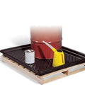 Beefy Rugged Utility Pallet Tray For Forklift Movement And Liquid Containment Rim To Rim 43.58 W X 51.38 L X 4 H Inches Interior 48 X 40 Inches 28.98 Gallon Sump Capacity Heavy Duty Poly Construction PMB30609 PIG shown with drum and containers