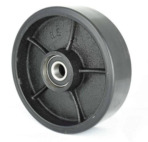 Close-up of Premium Crown PTH50 Pallet Jack Wheel Replacement Kit Set, showing poly tread steer wheel with bearing for manual pallet jack.