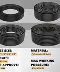 Four coiled air lines from the 156 Piece Brass DOT Air Line Fittings Kit with tube size details and max pressure, black color.