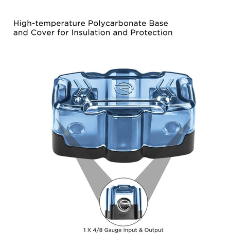 Inline Mini ANL Fuse Holder With Reducer Beefy Heavy Duty Build 1 X 4 To 8 Gauge In And 1 X 4 To 8 Gauge Out Three Pack Set Of 60A 80A 100A Fuses Zinc Die Cast Marine Satin Chrome Finish High Temperature Polycarbonate Base top view showing polycarbonate cover and 4/8 gauge ports.