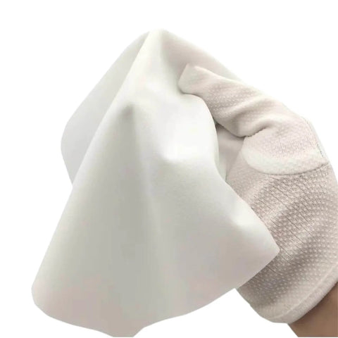 Hand holding Ultrasonic Sealed Edge Cleanroom Wiper For Sensitive Surfaces 9 Inch By 9 Inch Polyester Knit Low Particle And Fiber Generation