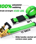 Heavy Duty E Track Wheel Chock Tie Down Kit with rubber blocks for ATV UTV and lawn mower transport 4500lb break strength includes 4 wheel chocks and 2 E track ratchet straps Trekassy showing green webbing and ratchet details