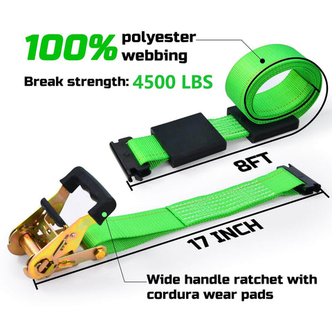 Heavy Duty E Track Wheel Chock Tie Down Kit with rubber blocks for ATV UTV and lawn mower transport 4500lb break strength includes 4 wheel chocks and 2 E track ratchet straps Trekassy showing green webbing and ratchet details