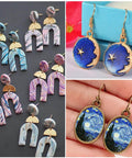 Colorful earrings made with Must Have 31 Piece Polymer Clay Cutters Kit With 8 Round Cutters 18 Rectangular Earring Molds And 5 Plastic Sculpting Tools For Jewelry Making Crafting And DIY Projects Great For Beginners And Pros.