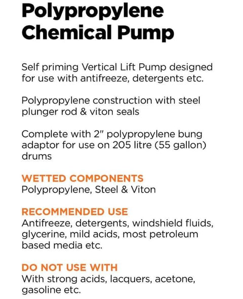 Specifications for Groz Polypropylene Chemical Pump - Self-Priming Vertical Lift for 55-Gallon Drums, 14 oz/Stroke, Chemical-Resistant (44192)
