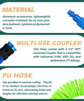One Quarter Inch By Ten Foot Pro Grade Reinforced Polyurethane Air Hose With Bend Restrictor And Self Coiling Design Includes IM Plug Kit shown with accessories